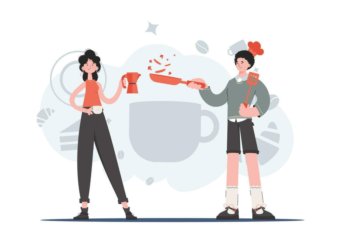 en man och en kvinna stå i full tillväxt och håll en kaffe pott och en fräsning panorera. kaffe affär. element för presentationer, webbplatser. vektor