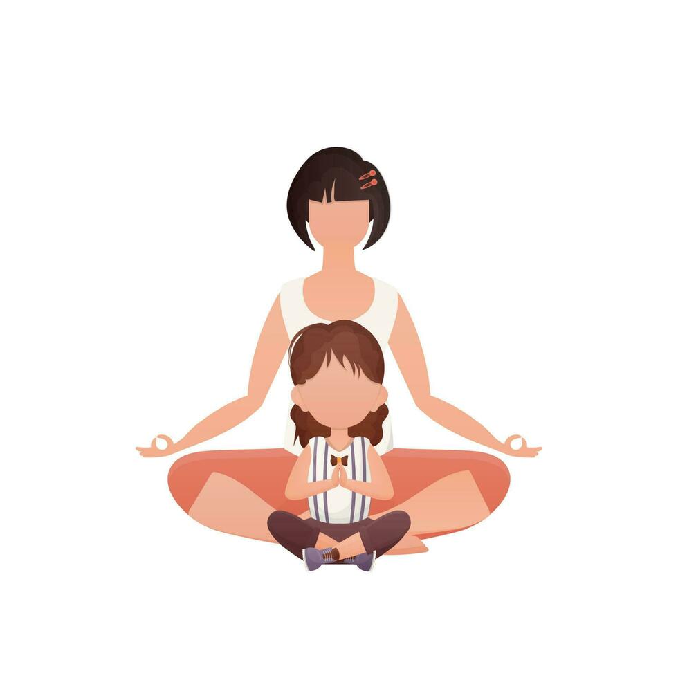 Mama und Tochter meditieren im das Lotus Position. Karikatur Stil. isoliert auf Weiß Hintergrund. Bisherige Illustration. vektor