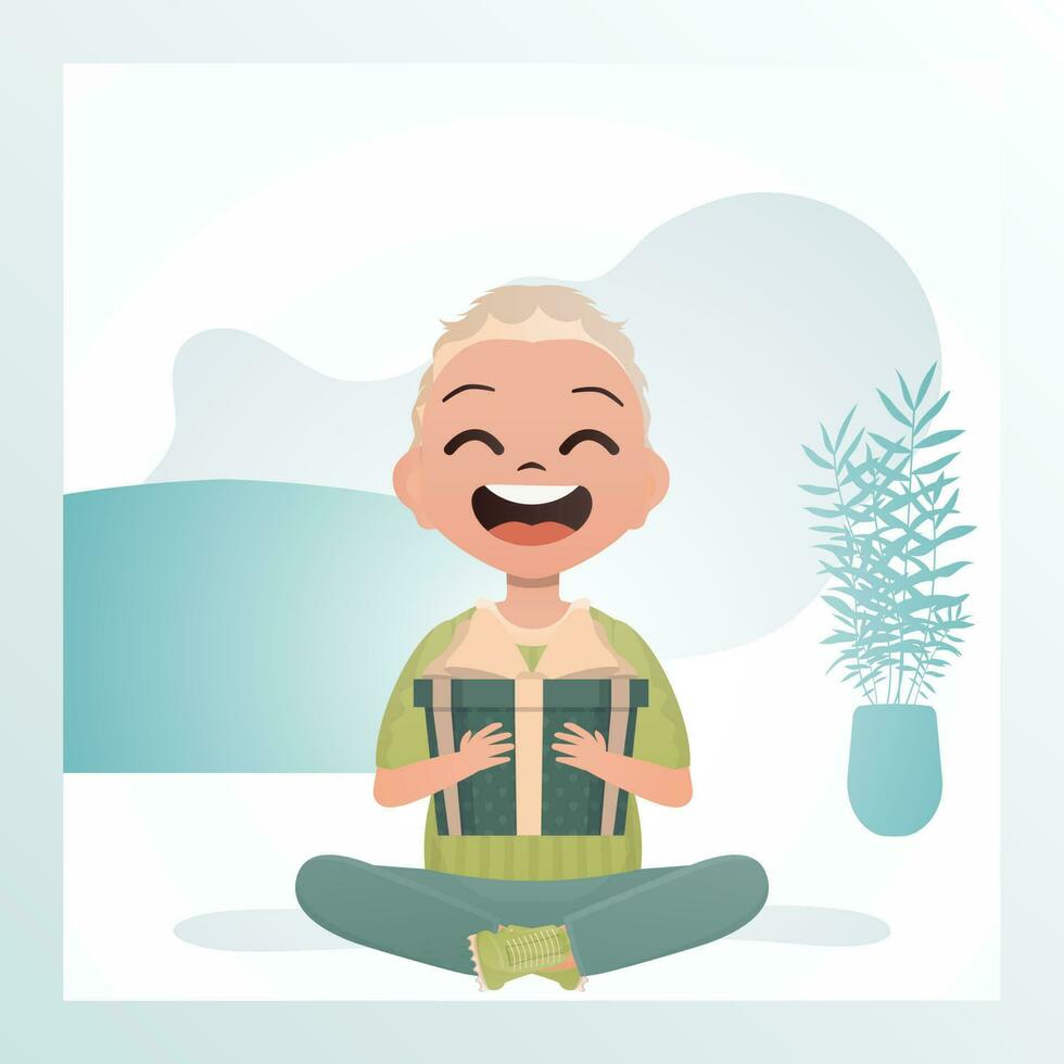 glücklich Kind Junge sitzt im ein Lotus Position und hält ein Geschenk mit ein Bogen im seine Hände. Ferien Thema. Vektor Illustration im Karikatur Stil.