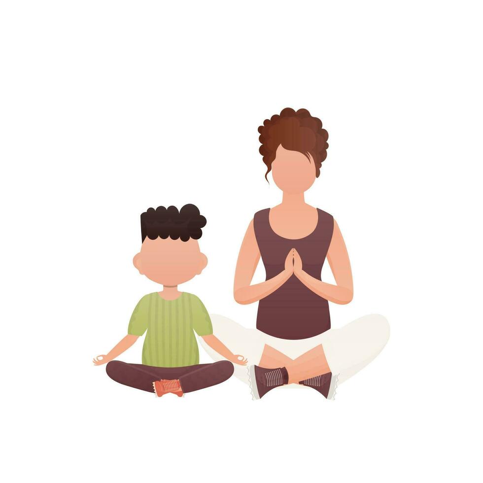 Mama und Sohn sind Sitzung meditieren im das Lotus Position. isoliert. Karikatur Stil. vektor