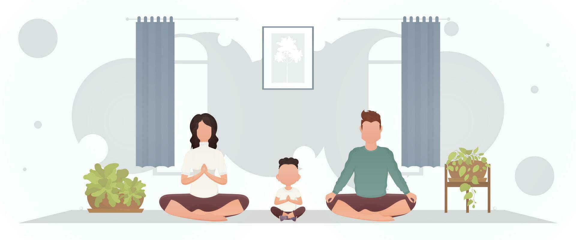 en man och en kvinna med en liten pojke är Sammanträde i en lotus placera i en rum. yoga. tecknad serie stil. vektor