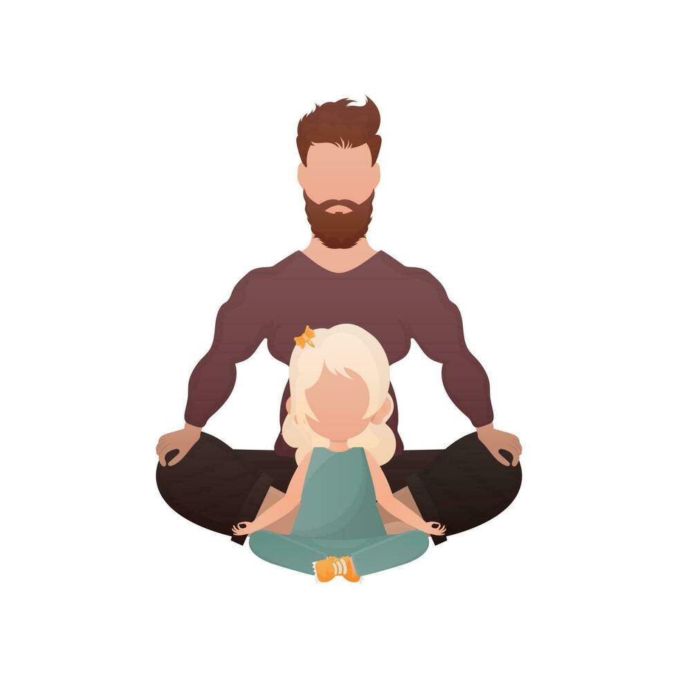 ein Mann mit ein bezaubernd Baby Mädchen sind Sitzung und tun Yoga. isoliert. Karikatur Stil. vektor