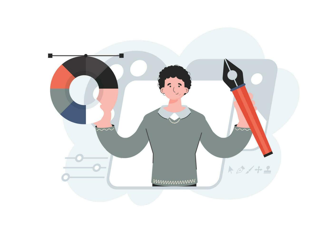 ein Mann steht Hüfthoch mit ein Farbe Rad und ein Stift Werkzeug. Schaffung. Element zum Präsentationen, Websites. vektor