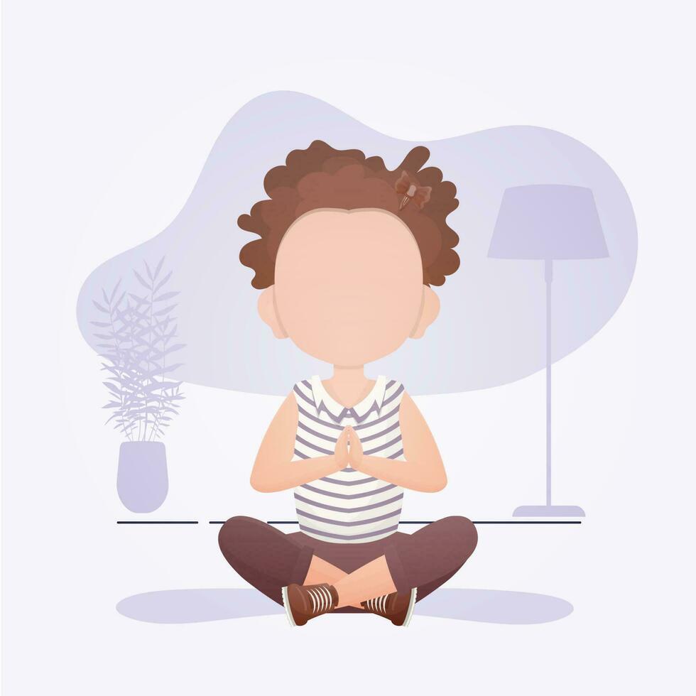 wenig Mädchen sitzt im das Lotus Position. Kinder- Meditation. Vektor Illustration.