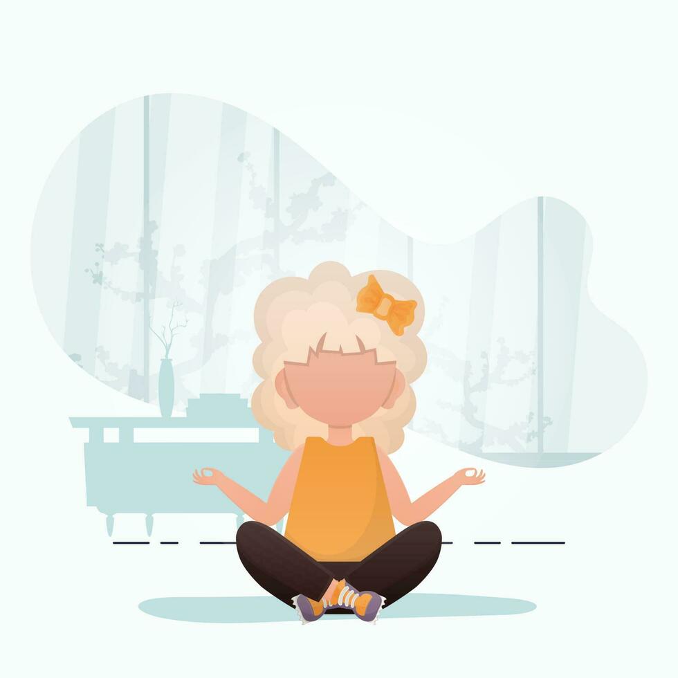 liten flicka håller på med yoga i de lotus placera. söt yoga, mindfulness och avslappning. vektor illustration.