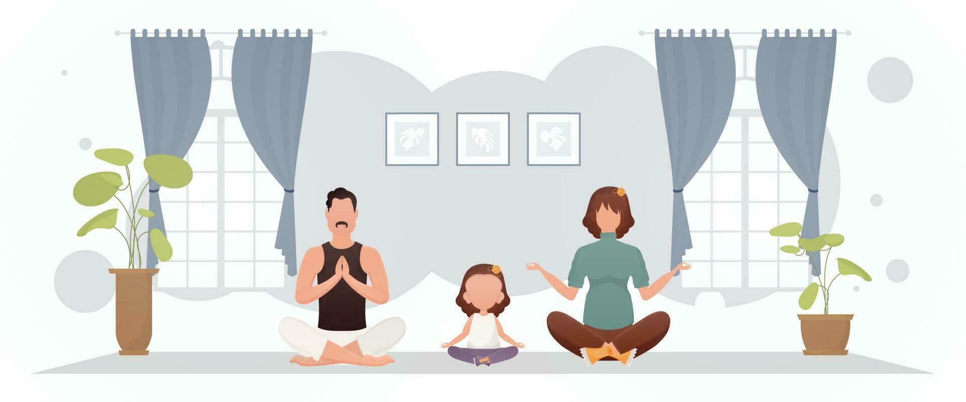 Mann mit Ehefrau und Tochter sind Sitzung im das Lotus Position im das Zimmer. Yoga. Karikatur Stil. vektor