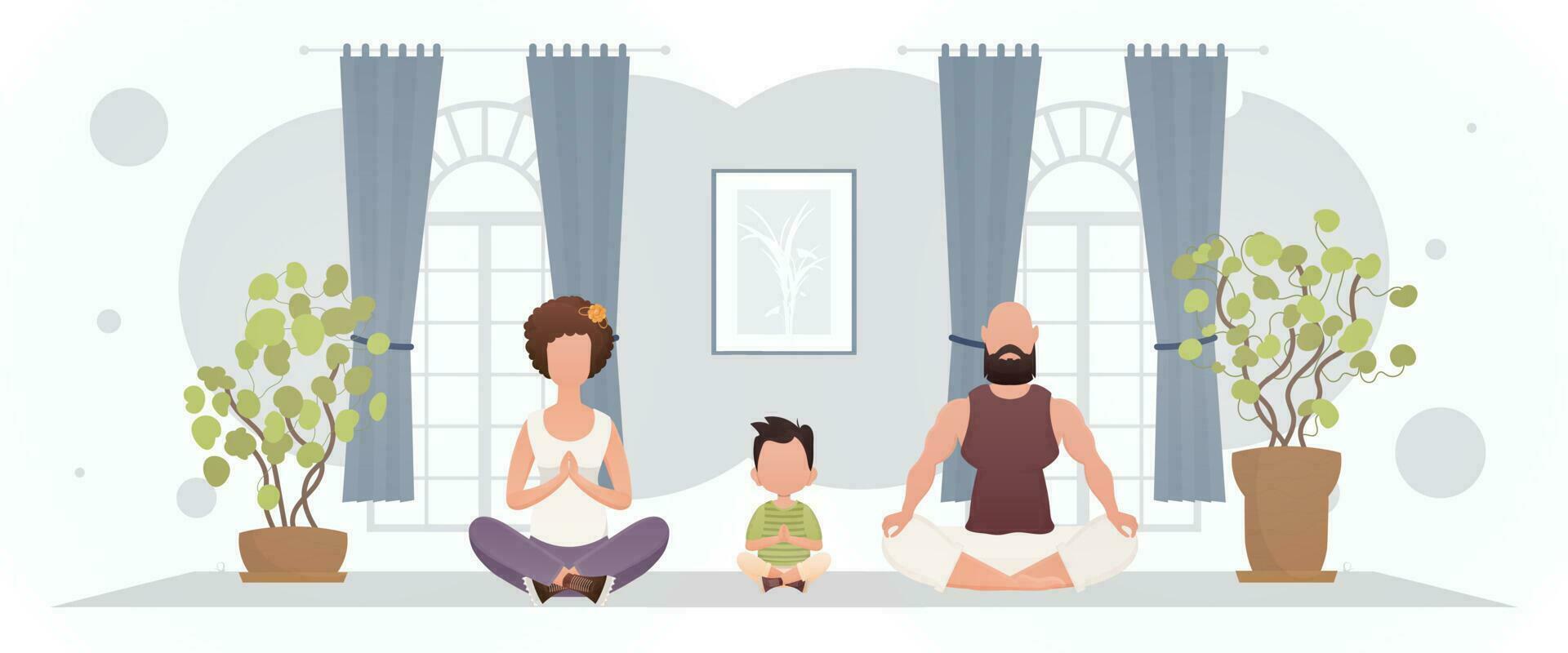 Mann und Ehefrau mit ein bezaubernd Baby sind meditieren im das Zimmer. Meditation. Karikatur Stil. vektor