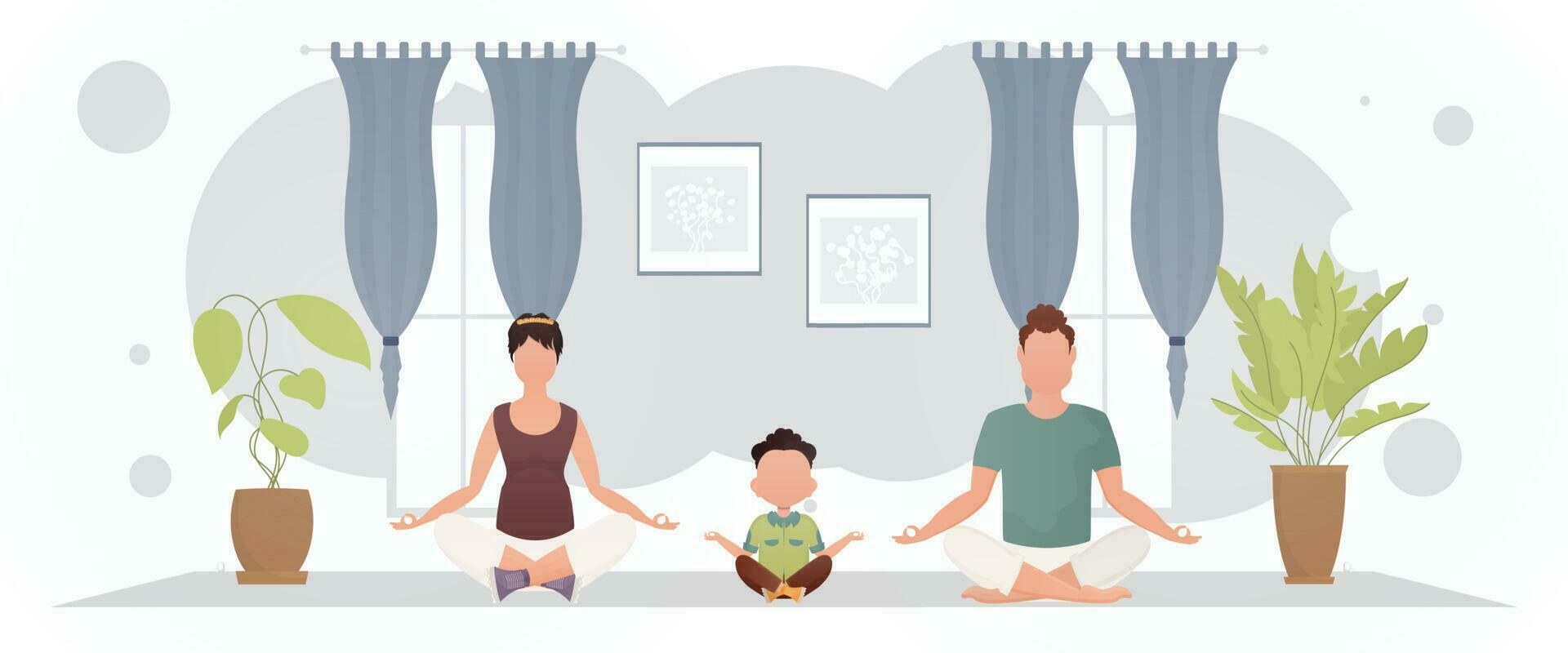 ein Mann und Ehefrau mit ein bezaubernd Baby meditieren im das Lotus Position im das Zimmer. Meditation. Karikatur Stil. vektor