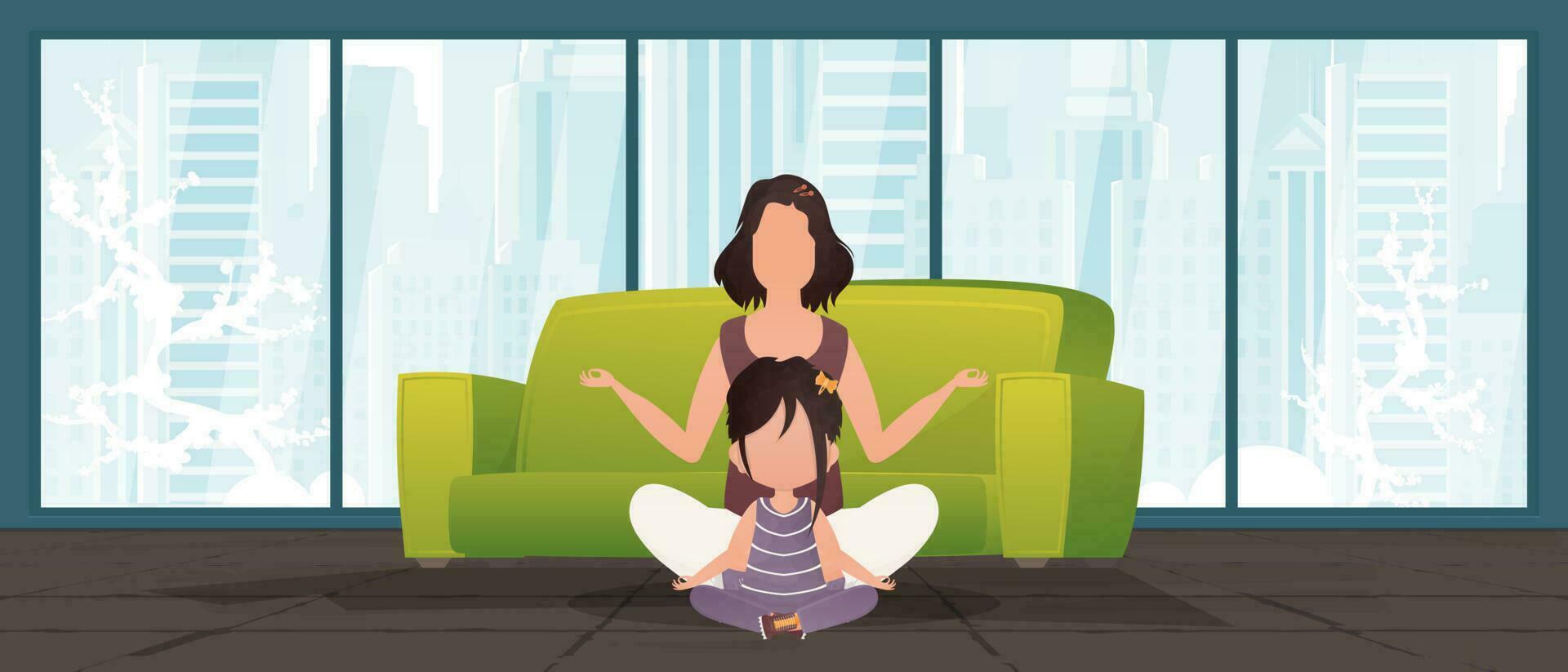 Mama und wenig Tochter tun Yoga zusammen im das Lotus Position. Karikatur Stil. Vektor. vektor