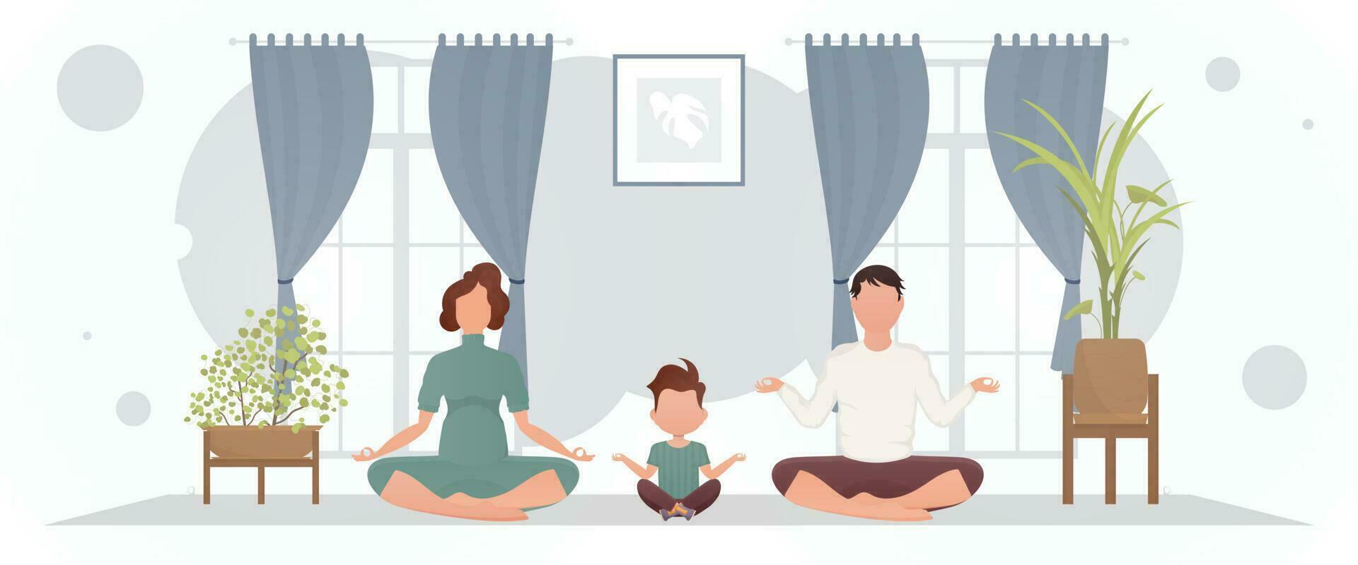 ein Mann und ein Frau mit ein wenig Junge sind meditieren im ein Zimmer. Meditation. Karikatur Stil. vektor
