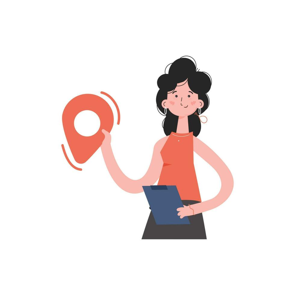 ein Frau steht Hüfthoch und hält ein Geolokalisierung Symbol im ihr Hände. isoliert. Element zum Präsentationen, Websites. vektor