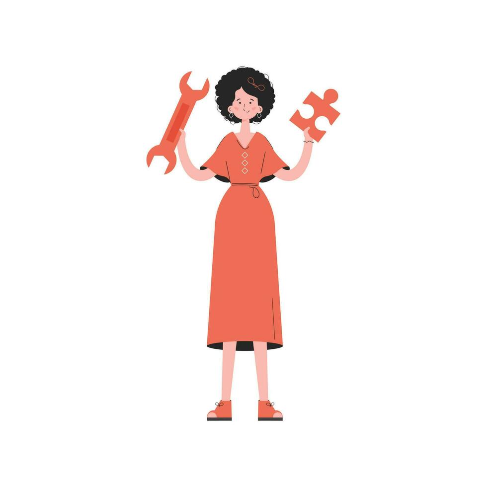 ein Frau steht im voll Wachstum mit ein Puzzle im ihr Hände. isoliert. Element zum Präsentationen, Websites. vektor