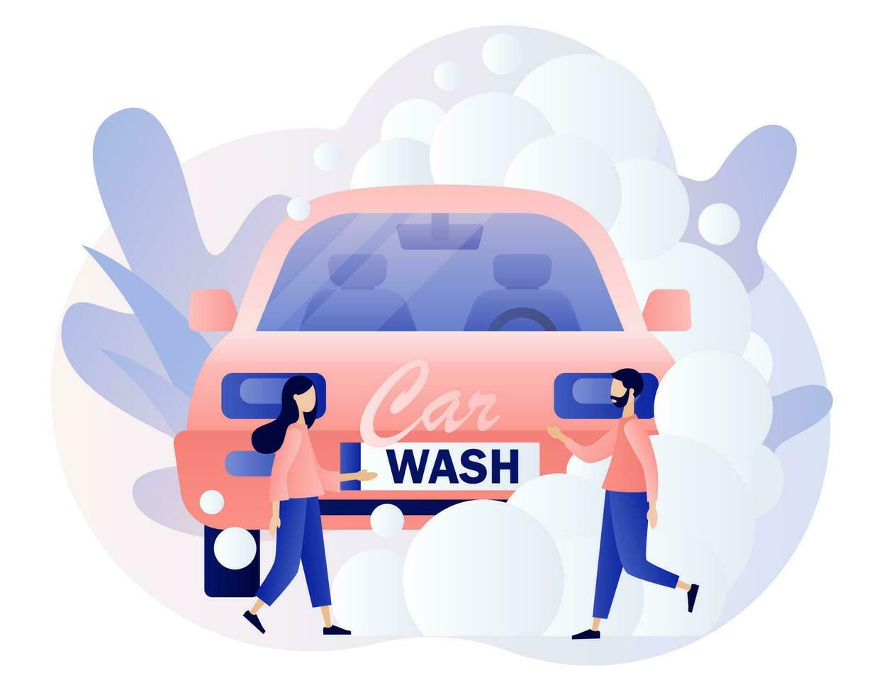 transport är rena. bil tvätta service. mycket liten människor tvättning bil med vatten och skum. modern platt tecknad serie stil. vektor illustration på vit bakgrund