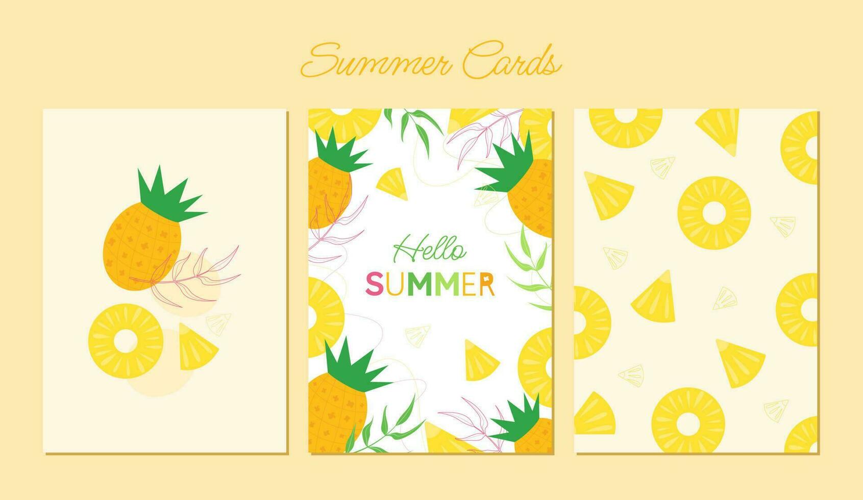 Hallå, sommar. uppsättning av sommar, ljus, solig vykort med ananas och tropisk löv. exotisk sommar bakgrund med kreativ design, vykort, affischer, mall. vektor