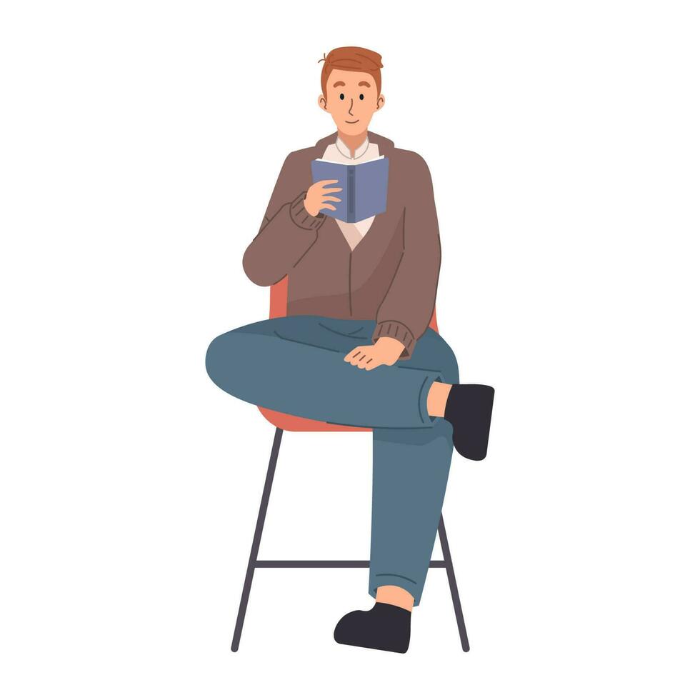 Mann lesen ein Buch während Sitzung auf das Stuhl vektor