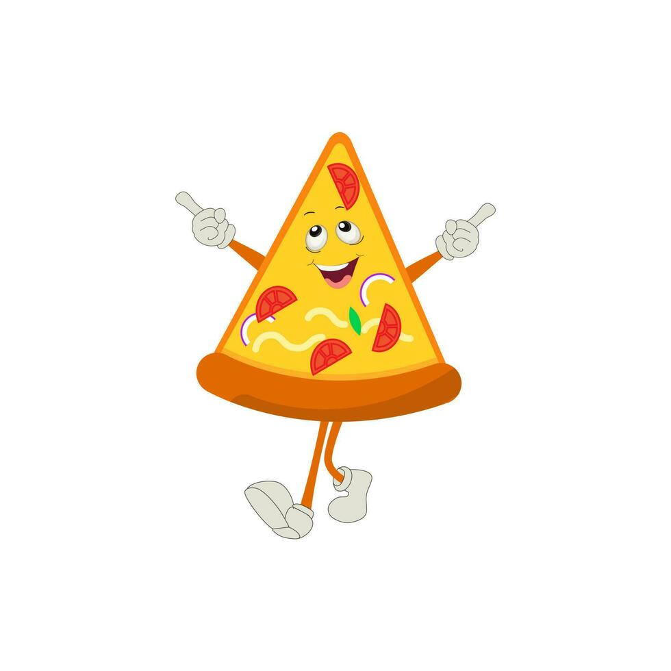 Pizza Karikatur Charakter, modern Vektor Vorlage einstellen von Maskottchen Illustrationen. Essen Objekt Symbol Konzept isoliert Prämie Vektor.