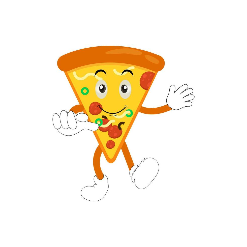 komisch glücklich Pizza Show Frieden Geste Logo. Vektor Gekritzel Linie Karikatur kawaii Charakter Illustration Symbol. Pizza Zitat Logo Konzept. schnell Essen Vektor Karikatur Illustration, Comic Zeichen