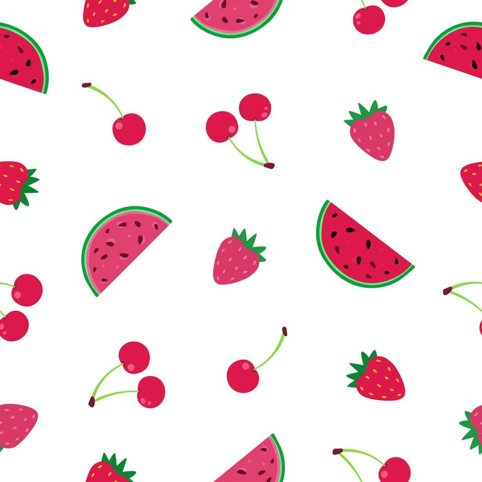 frukt med en sömlös mönster. jordgubbar, körsbär och vattenmelon. romantisk sommar bakgrund för textilier, tyger, dekorativ papper. vektor illustration.