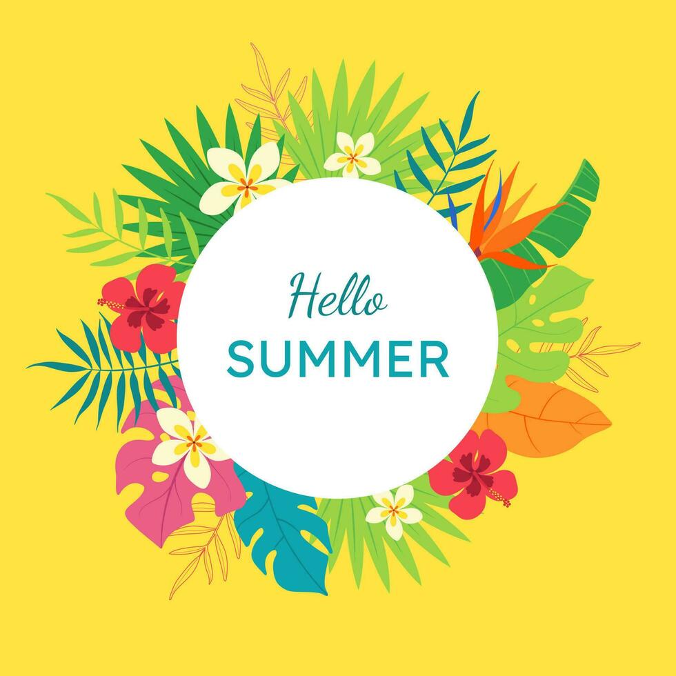 Banner Hallo Sommer. hell, bunt, Gelb Hintergrund von tropisch Blätter und Blumen. kreativ, exotisch, komisch rahmen. Poster, Botschaft auf das Internet, Vorlage, Postkarte. vektor