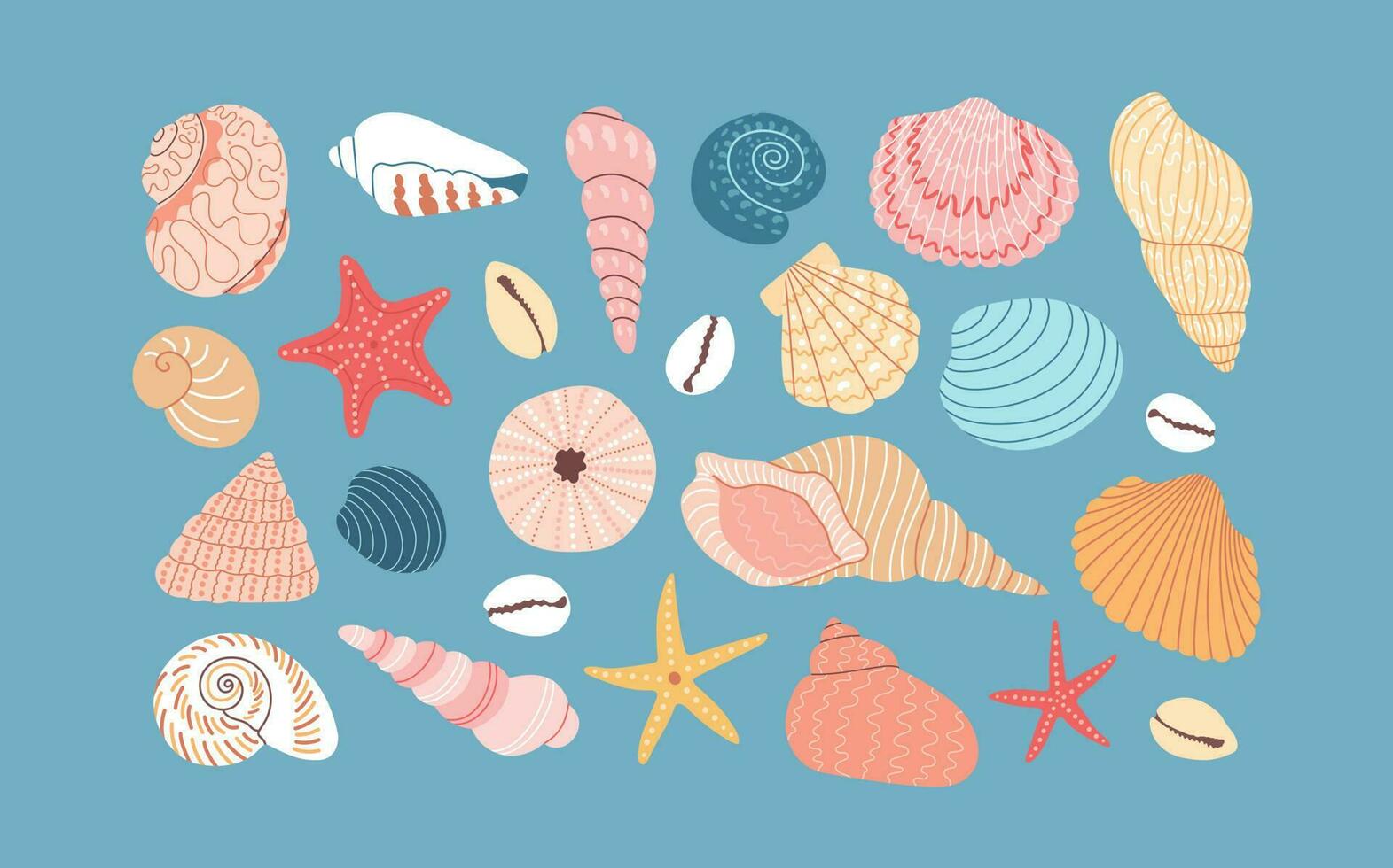 einstellen von verschiedene Meer Muscheln und Seestern auf Blau Hintergrund. Hand gezeichnet bunt Vektor Illustration. eben Karikatur Stil. Sommer- Ferien Sammlung, tropisch Strand Muscheln.