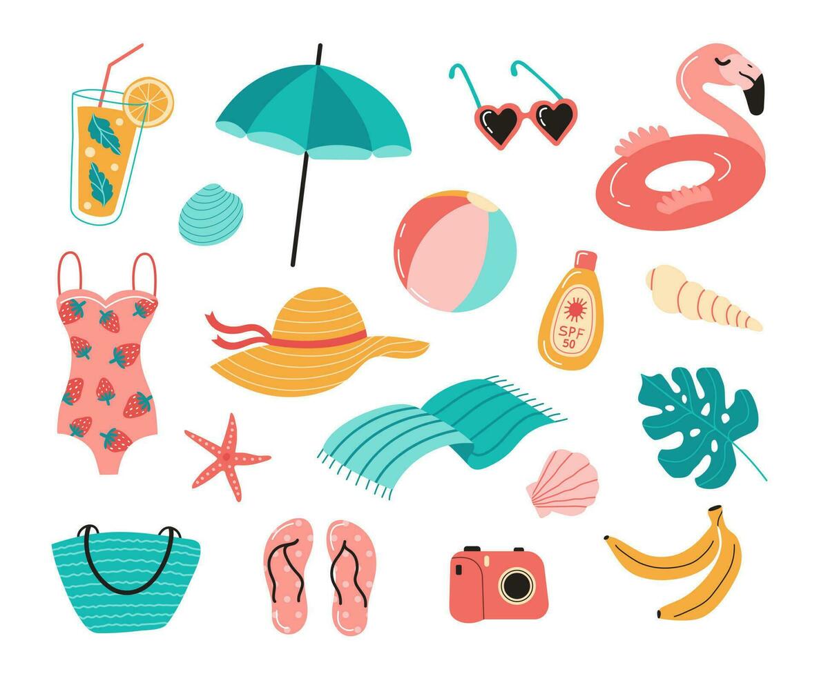 uppsättning av sommar element, strand Tillbehör. solglasögon, paraply, banan, solskyddsmedel, cocktail, tofflor, Sol hatt, baddräkt, flamingo, foto. Tillbehör för hav högtider. tecknad serie platt vektor illustration.