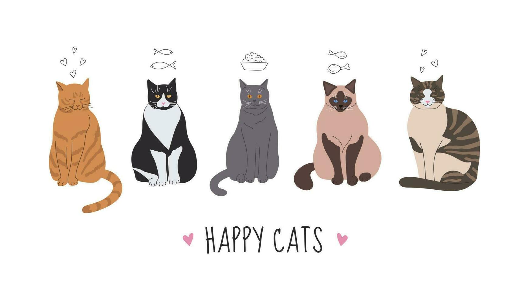 Vektor handgemalt Illustration von süß Katze Zeichen isoliert auf ein Weiß Hintergrund. Karikatur Gekritzel Stil. glücklich Katze. Sammlung von Katzen im anders Posen. Gruß Karte.