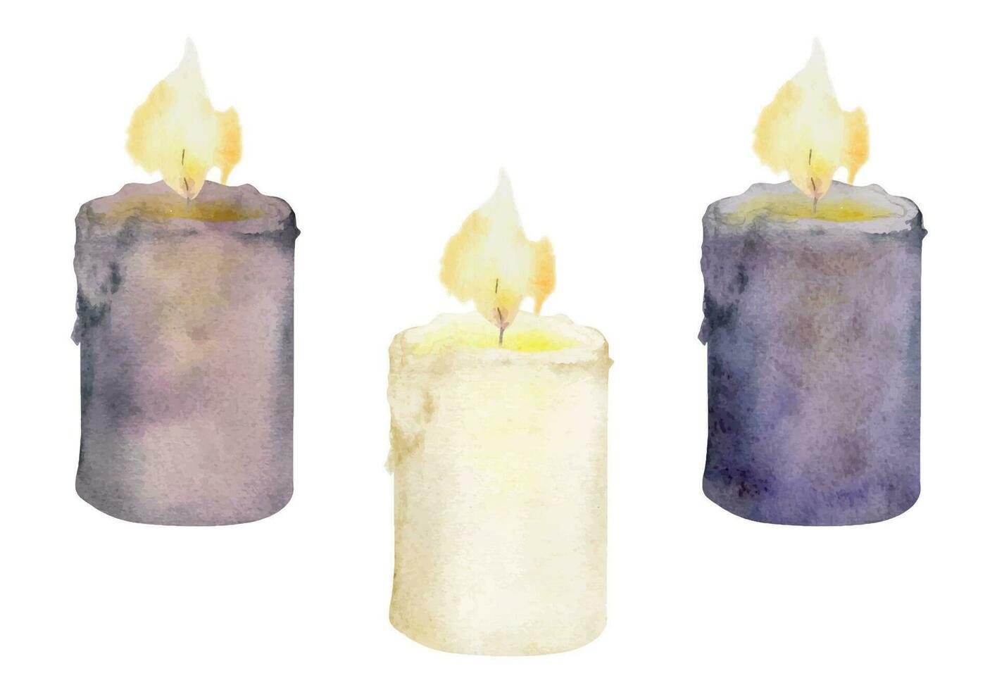 hand dragen vattenfärg blandad ljus belyst med lågor. votives, bollar, te lampor, pelare. isolerat objekt på vit bakgrund. design för wellness tillflykt, skriva ut, tyg, omslag, kort, häfte. vektor