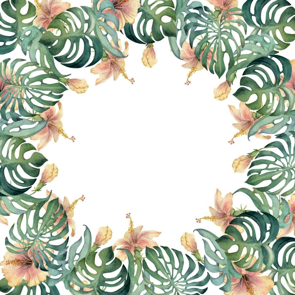 Hand gezeichnet Aquarell exotisch Monstera Blätter und Hibiskus Blumen. Kreis Kranz rahmen. isoliert auf Weiß Hintergrund. Design Mauer Kunst, Hochzeit, drucken, Stoff, Abdeckung, Karte, Tourismus, Reise Broschüre. vektor