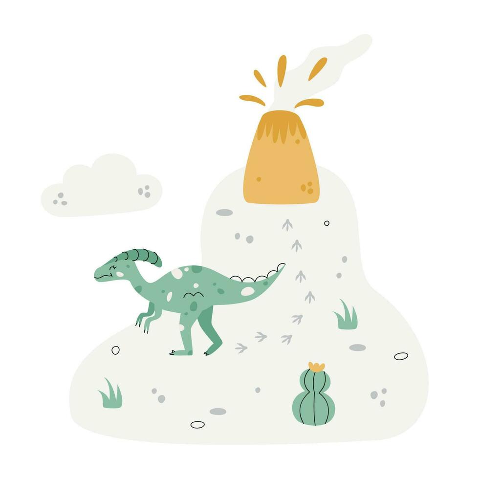 eben Hand gezeichnet Vektor Szene mit Dinosaurier Vulkan Kaktus Gras Knochen und Felsen