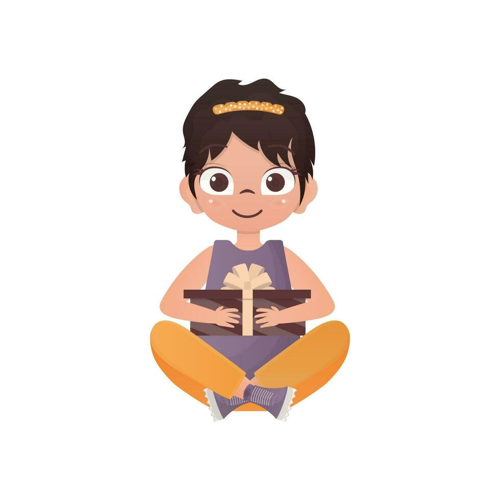 ein glücklich Mädchen sitzt im ein Lotus Position und hält ein Geschenk Box im ihr Hände. isoliert. Vektor Illustration.