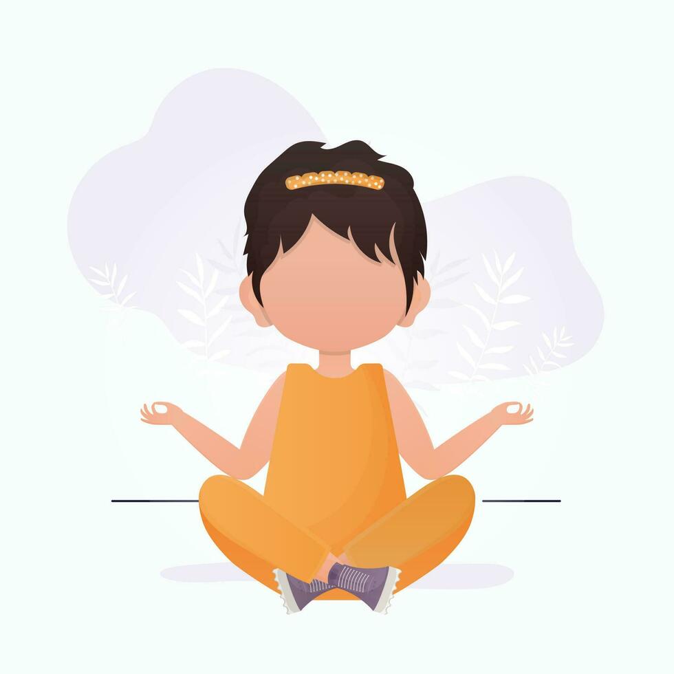 wenig Mädchen sitzt im das Lotus Position. Yoga Kinder. Vektor Illustration im Karikatur Stil.