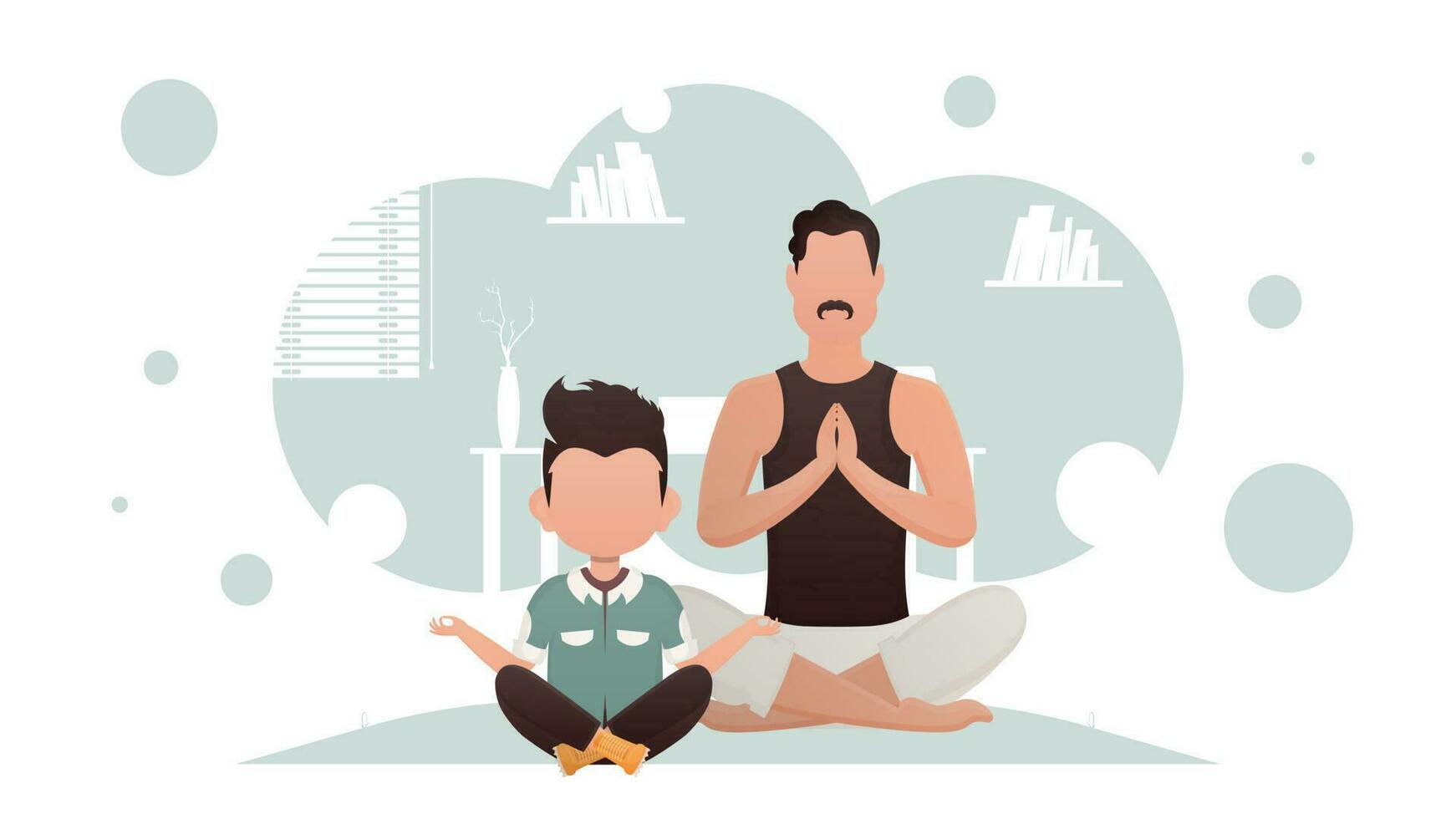 Vater und Sohn sitzen im das Lotus Position. Yoga. Karikatur Stil. vektor