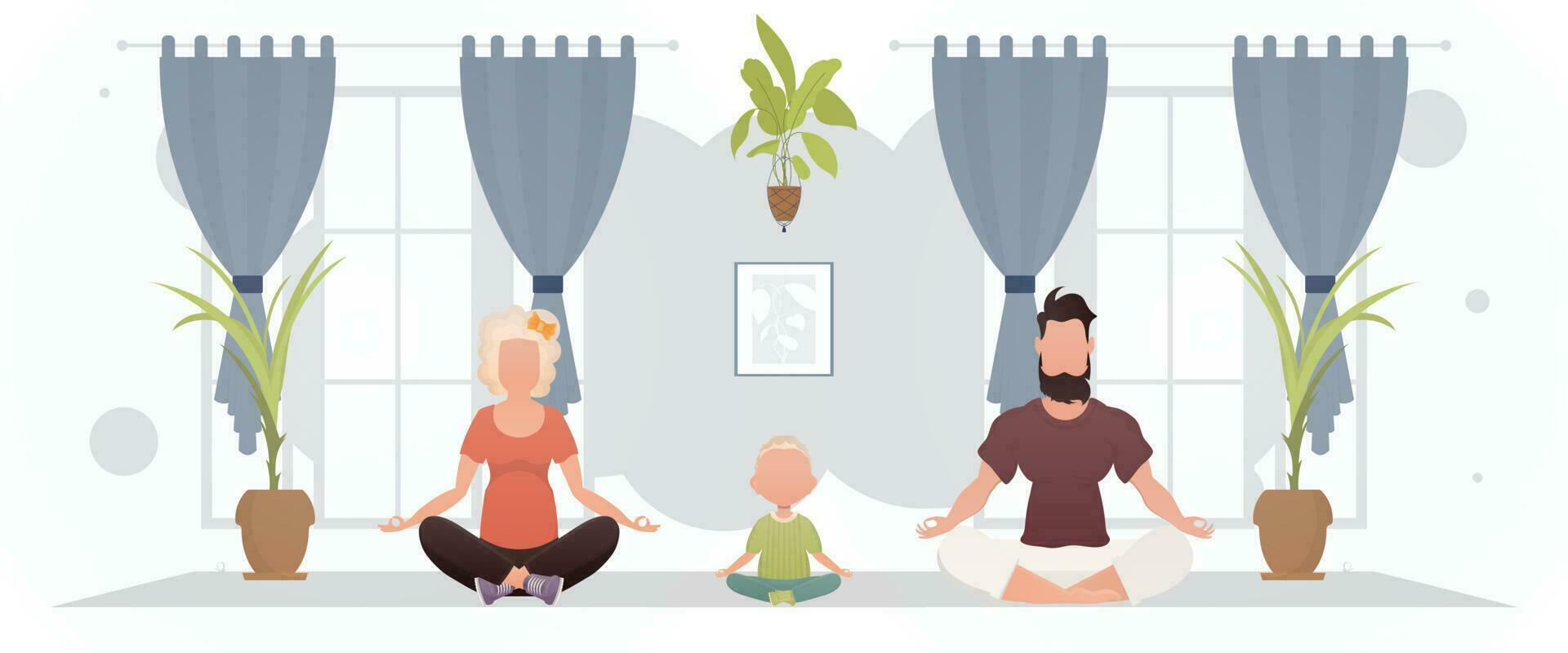 Mann und Ehefrau mit bezaubernd Baby tun Yoga im das Zimmer. Meditation. Karikatur Stil. vektor
