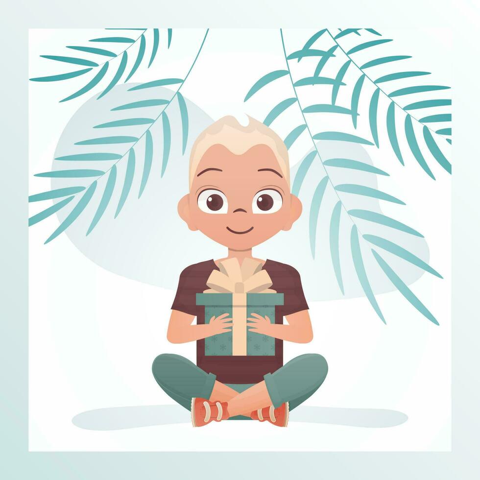froh Kind Junge sitzt im ein Lotus Position und hält ein Geschenk mit ein Bogen im seine Hände. Ferien Thema. Vektor Illustration im Karikatur Stil.