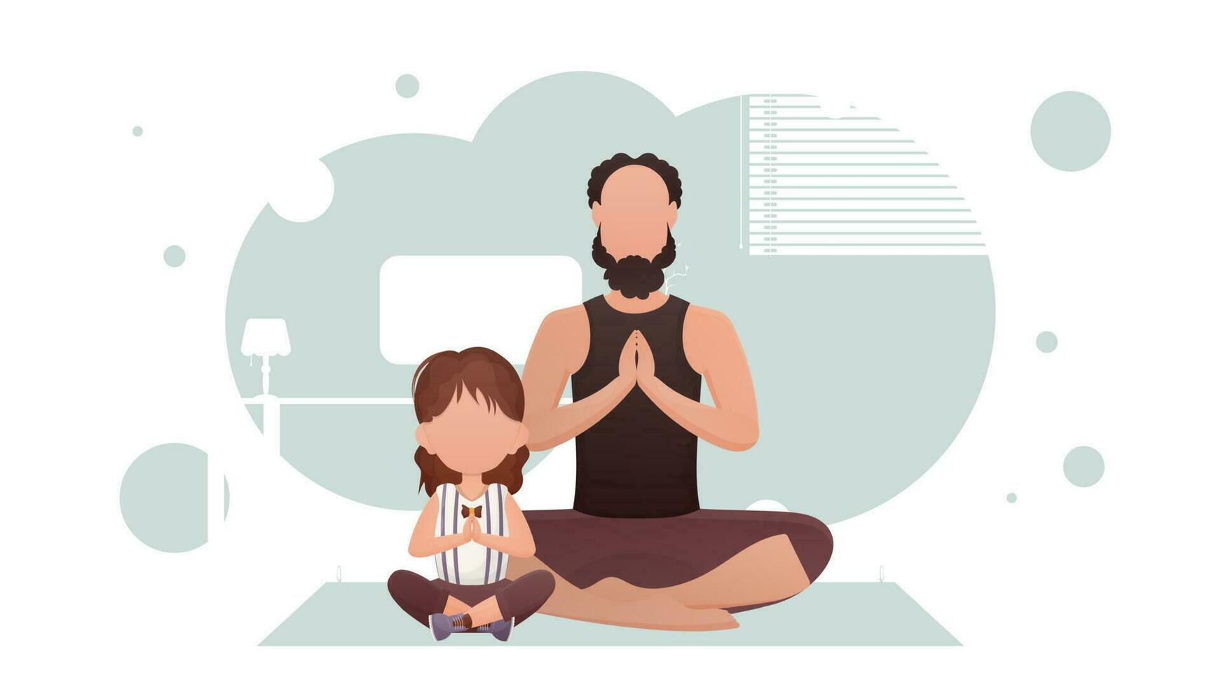 Papa und wenig Tochter sind Sitzung meditieren. Meditation. Karikatur Stil. vektor