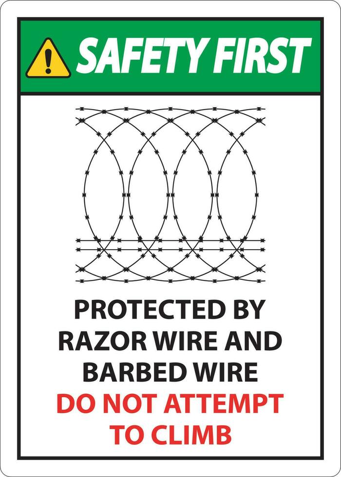 Sicherheit zuerst geschützt durch Rasierer Draht und mit Widerhaken Kabel, tun nicht steigen Zeichen vektor