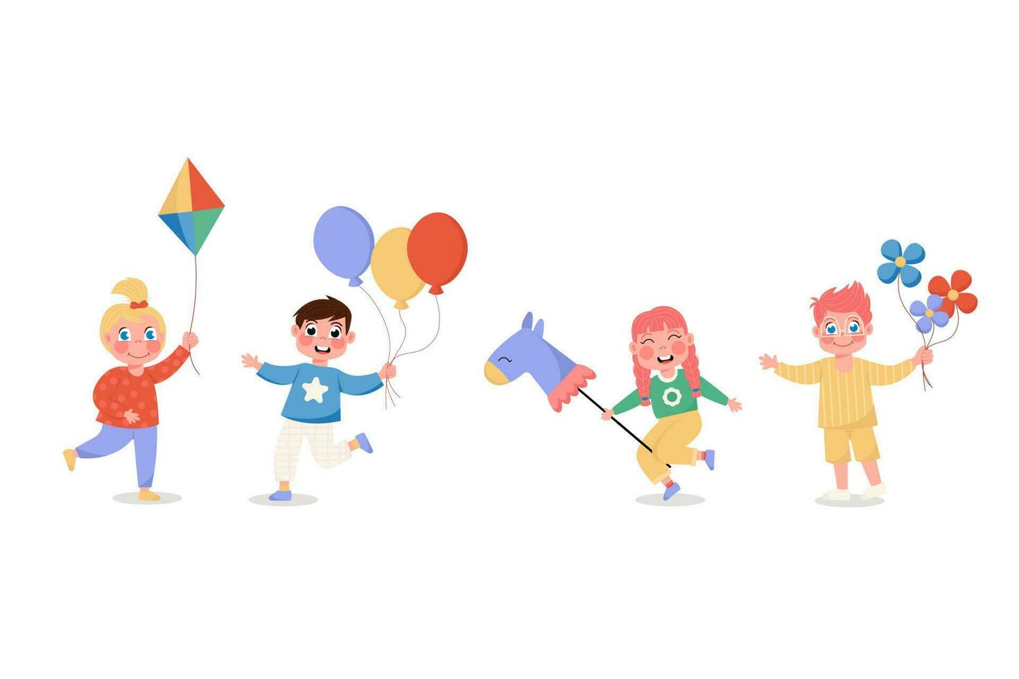 uppsättning av Lycklig barn flickor och Pojkar med ballonger, häst, blommor och drake i platt stil vektor