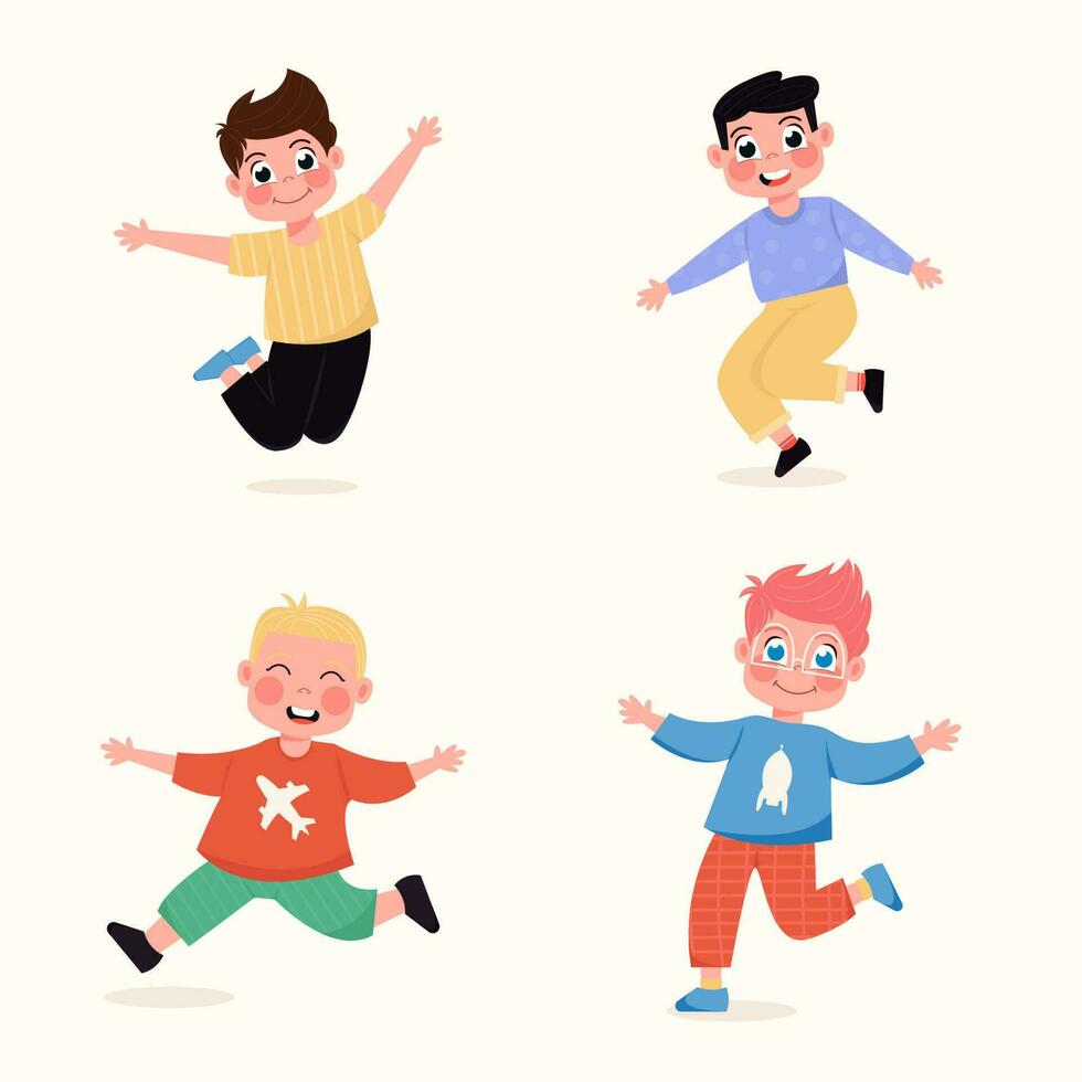 uppsättning av Lycklig barn Pojkar stående i annorlunda poserar, Hoppar i platt stil vektor