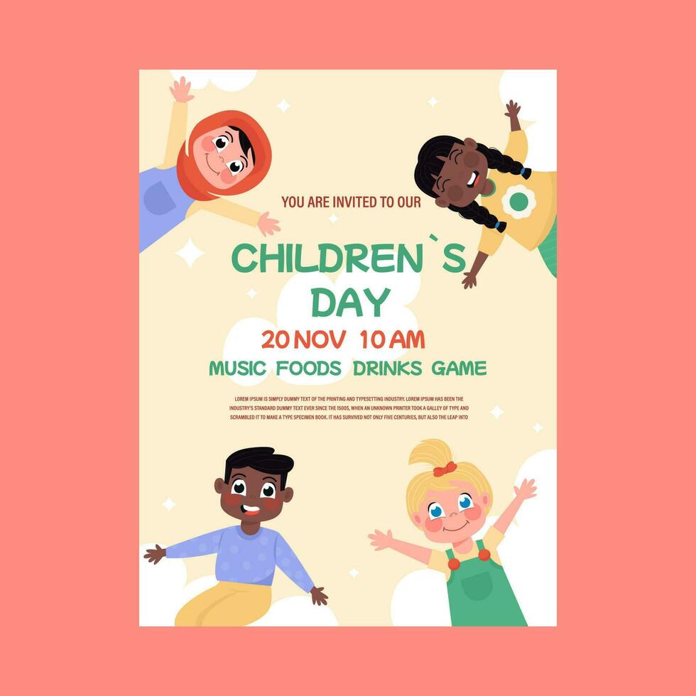 Einladung, Flyer zum ein Kinder- Tag Party. International Kinder Mädchen und Junge vektor