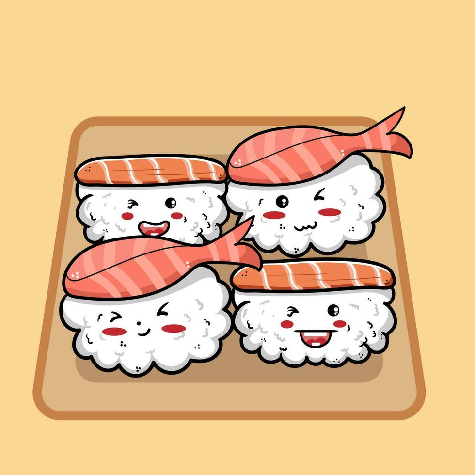 vier süß Sushi im kawaii Stil mit lächelnd Gesichter. japanisch traditionell Küche Teller. können Sein benutzt zum T-Shirt drucken, Aufkleber, Gruß Karte, Speisekarte Design. vektor