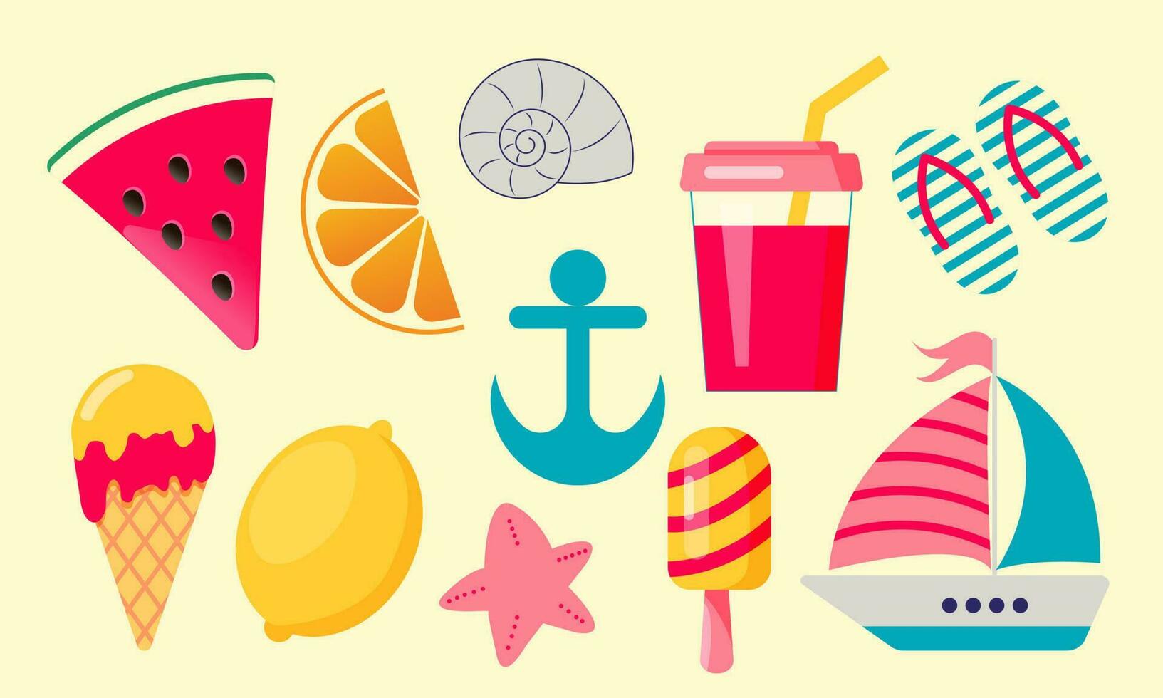 einstellen von Sommer- Symbole Essen, Getränke, Früchte und Boot. vektor