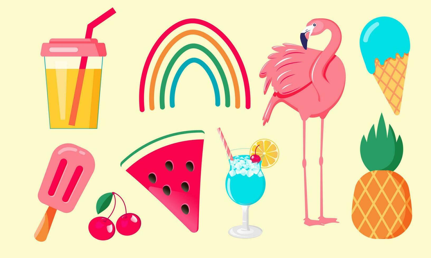 uppsättning av sommar ikoner mat, drycker, frukt och flamingo vektor