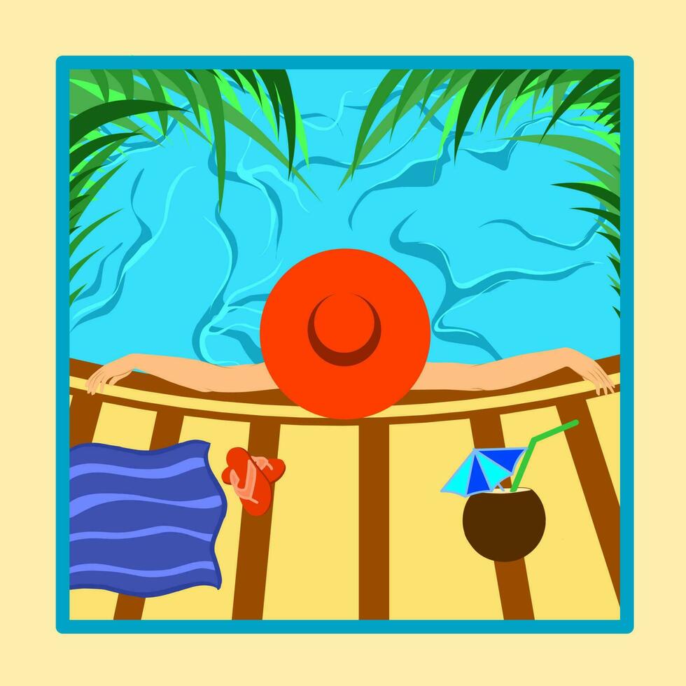 Sommer- Schwimmbad Party Abbildung.Frau im ein groß rot Hut Schwimmen im das Schwimmbad vektor