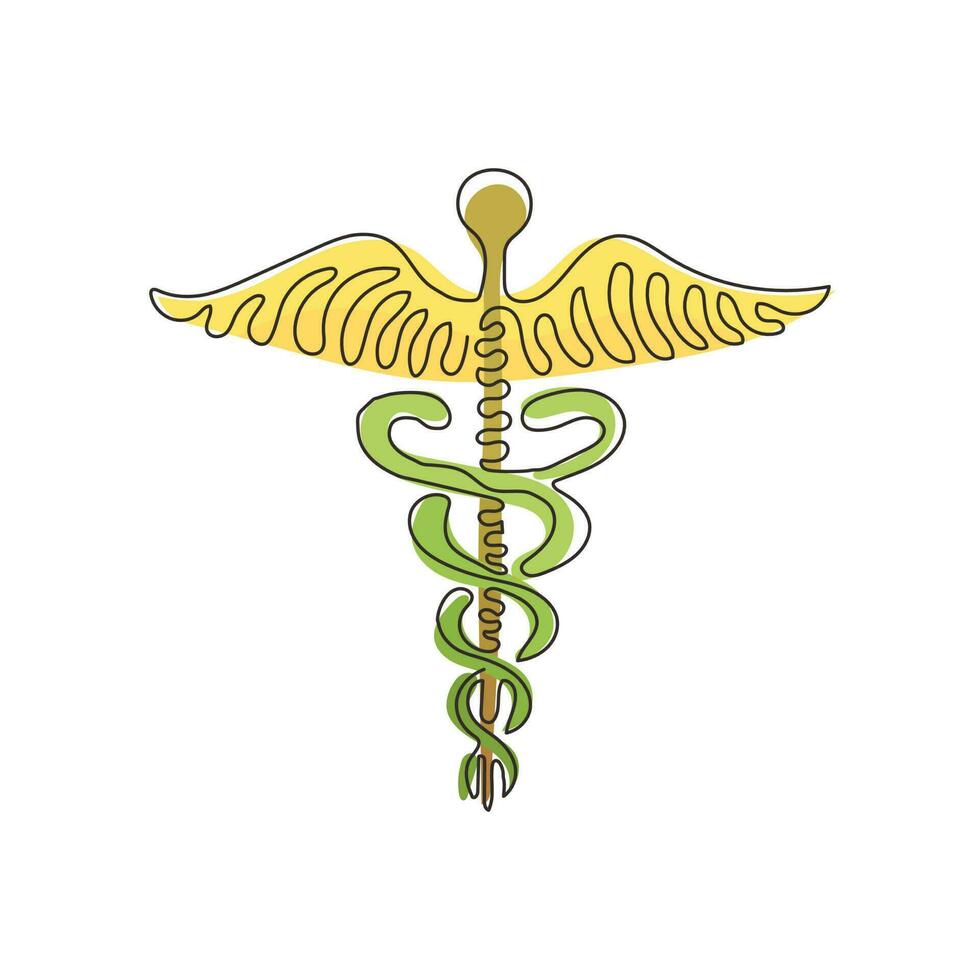 enda en rad ritning caduceus - vårdcentral, apotek, sjukhus med populär symbol för medicin. medicinsk logotyp. swirl curl stil. modern kontinuerlig linje rita design grafisk vektorillustration vektor