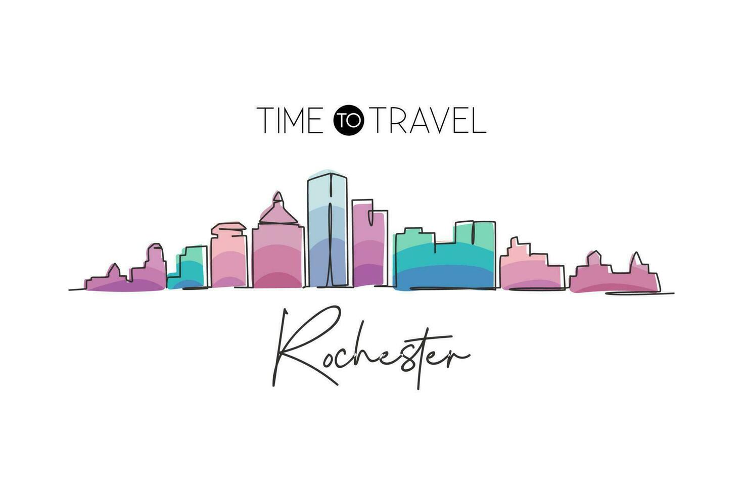 singel en rad ritning rochester city skyline, minnesota. världshistoriska stadslandskapet. bästa semesterdestinationsvykortet. redigerbara stroke trendiga kontinuerlig linje rita design vektorillustration vektor