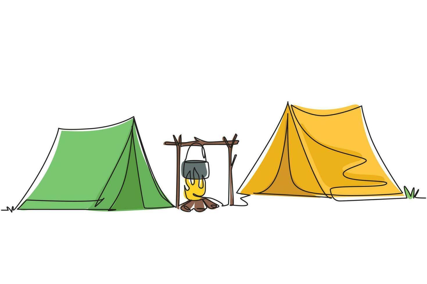 kontinuierlich einer Linie Zeichnung Camping Komposition mit zwei Zelte Feuer cool Box auf Weiß Hintergrund. Bäume, Nacht Himmel, Abenteuer, Natur, Reise, Reise. Single Linie zeichnen Design Vektor Grafik Illustration