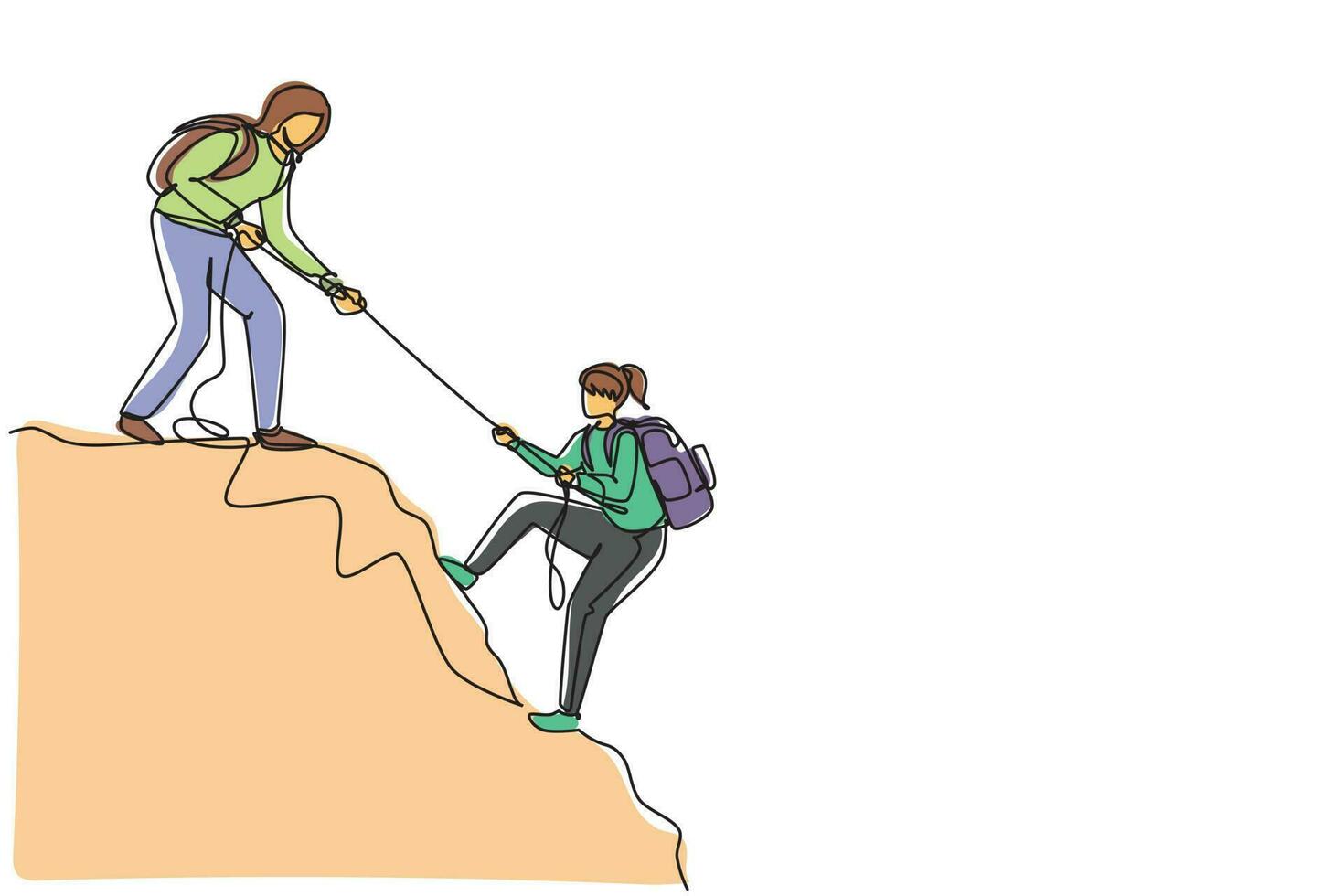 enda kontinuerlig linje teckning två kvinnor vandrare klättrande upp berg och portion till varje Övrig med rep. företag, ledarskap, prestation och mål begrepp. ett linje dra design vektor illustration