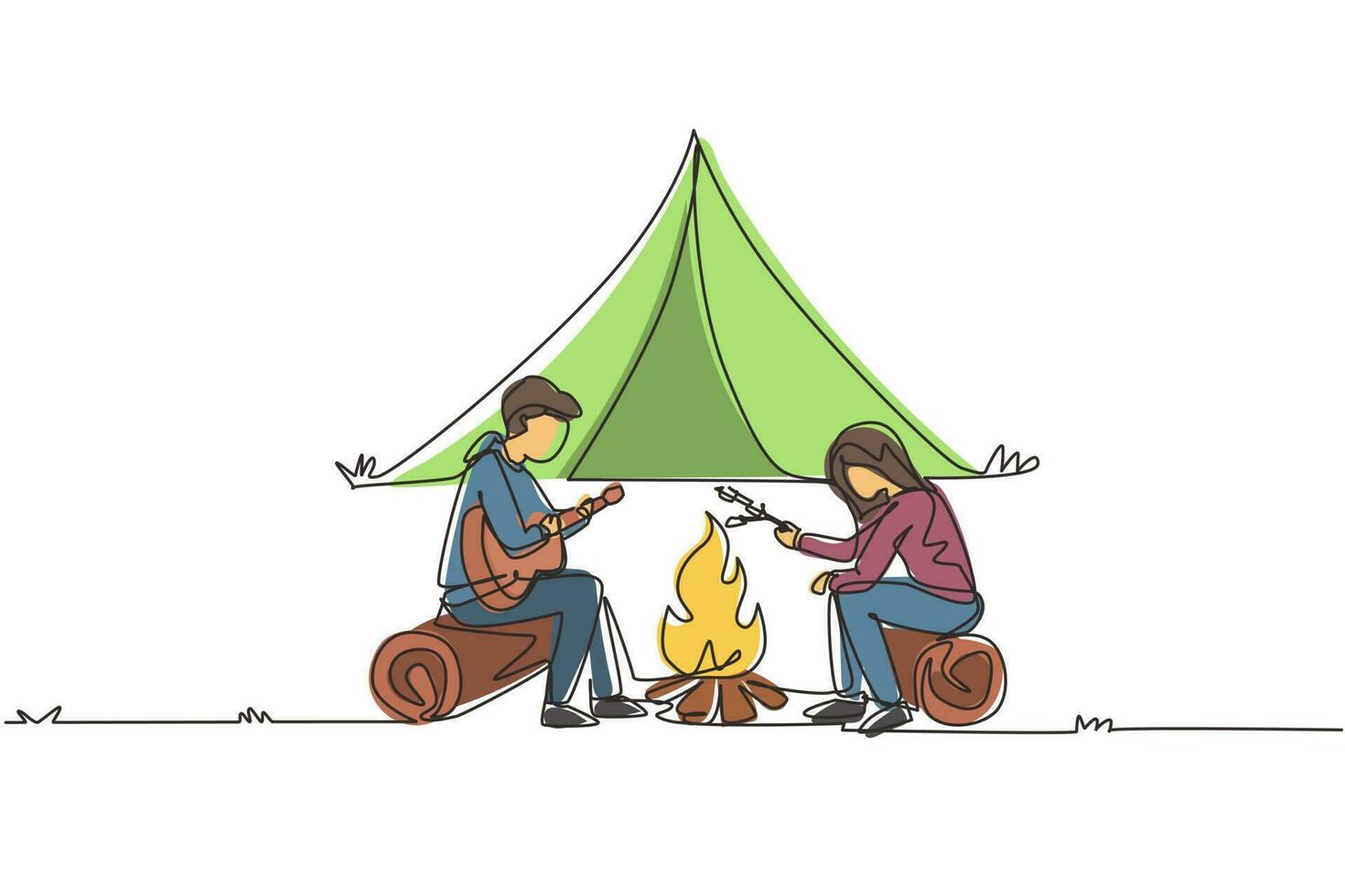 kontinuierliche einzeilige zeichnung paar sommerlager. Mann spielt Gitarre und Frau sitzt am Kamin auf Baumstamm. lagerfeuer mit bratendem marshmallow. Urlaub im Freien. einzeiliges zeichnen design vektorillustration vektor