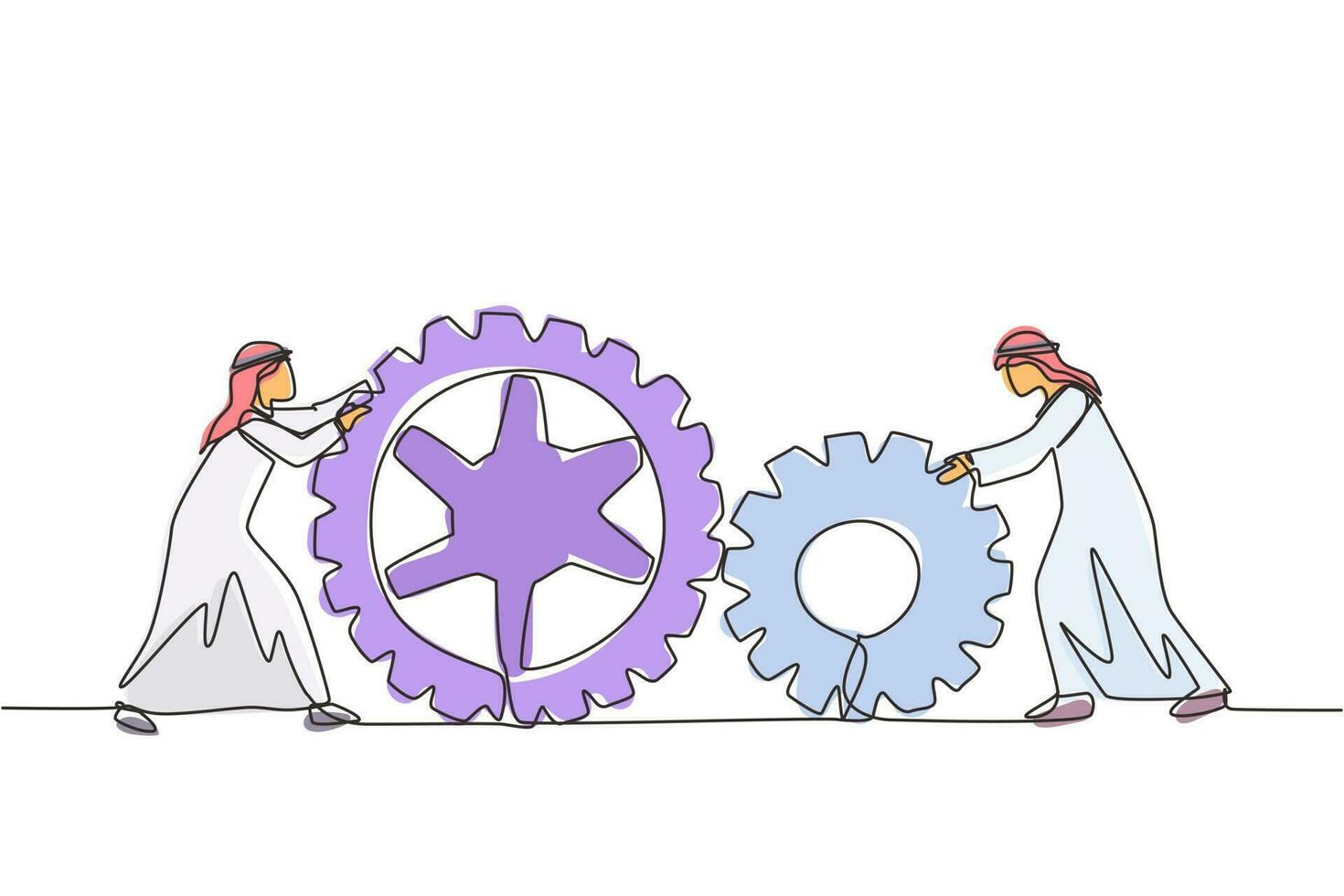 kontinuierliche eine linie, die zwei arabische geschäftsmänner zeichnet, die große zahnräder zusammenschieben. teamwork zusammenarbeit im zahnradmechanismus. männer, die an push-gängen, teamarbeit oder führung arbeiten. einzeiliger Entwurfsvektor vektor