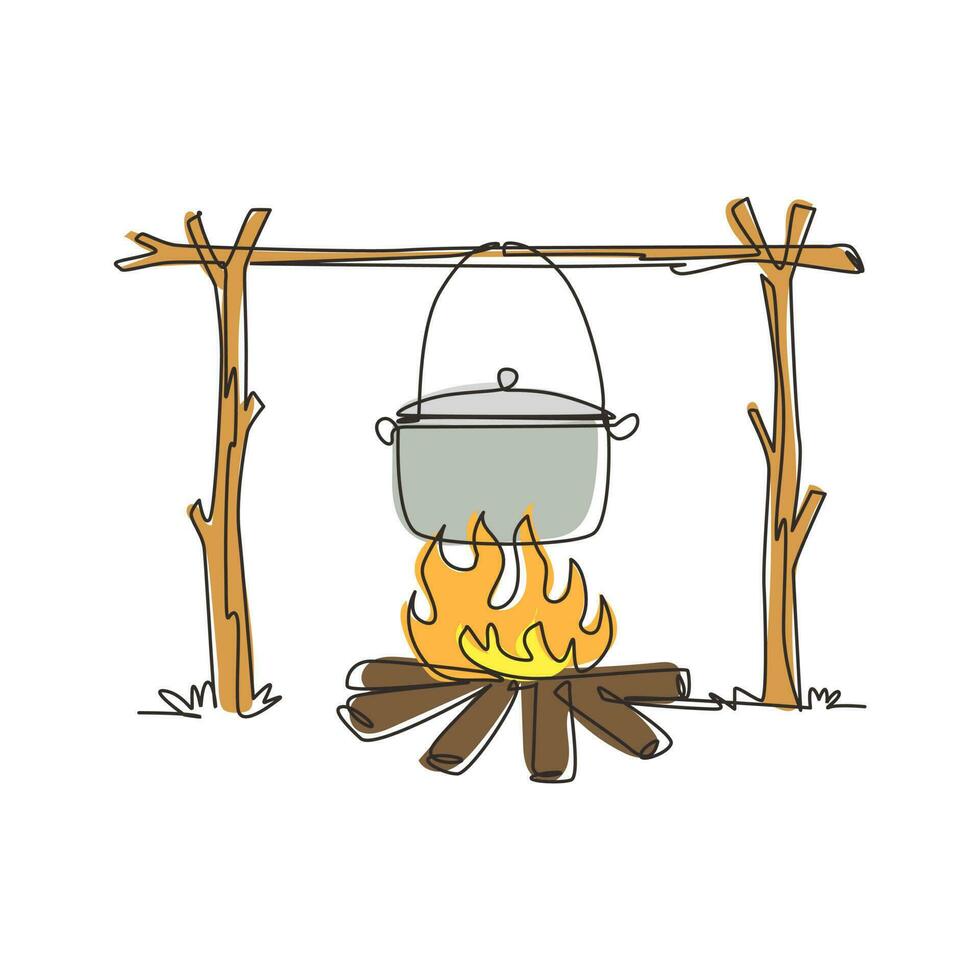 kontinuierliche einzeilige zeichnung campingtopf über lagerfeuer, köstliches fischsuppenkochen. Naturpicknick im Freien mit Lagerfeuerabendessen oder Wanderkochsymbol. einzeiliges zeichnen design vektorgrafik illustration vektor